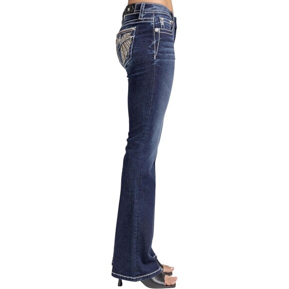 Women s Embellished Faux Flap Pockets Bootcut Jeans Mid-Rise | Versatile Style - Picture 3 of 4